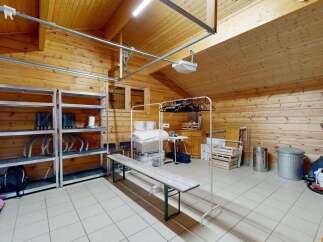 Discover ample storage solutions in this versatile garage space, featuring sturdy metal shelving units perfect for organizing tools and equipment.