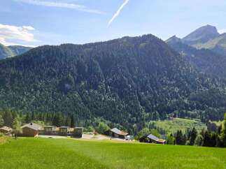 Nestled amidst the breathtaking alpine scenery, this property offers a serene escape with its modern chalets and expansive green lawns.