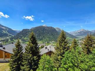 Experience breathtaking mountain views from this stunning property, nestled amidst lush greenery and towering pine trees.