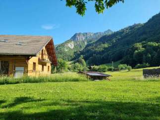 Experience serene mountain living in this charming wooden chalet, nestled amidst lush green meadows and towering forests.