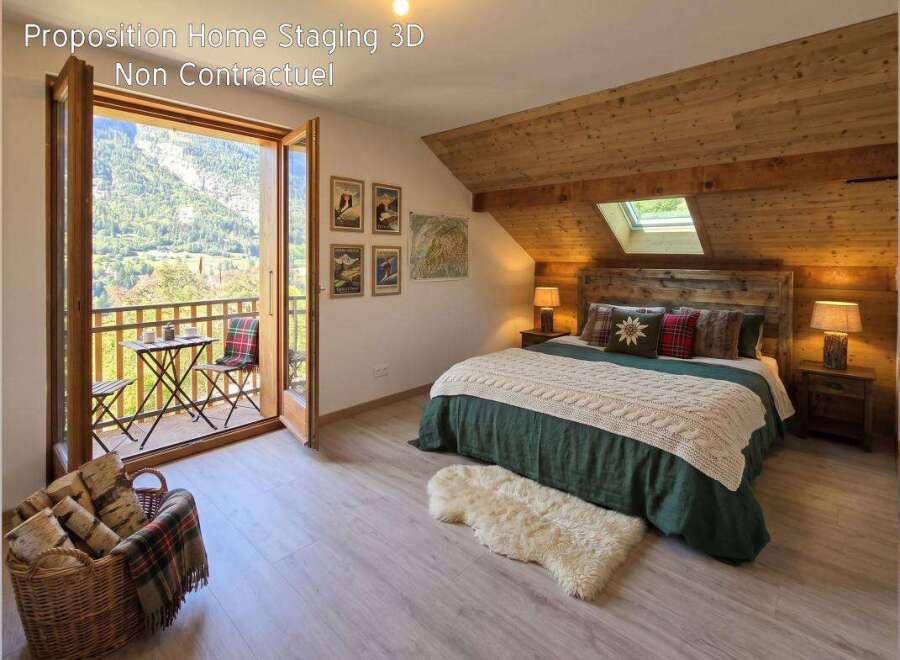 Experience the charm of this mountain retreat, featuring a cozy bedroom with a rustic wooden headboard and a plush knit blanket.