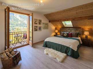 Experience the charm of this mountain retreat, featuring a cozy bedroom with a rustic wooden headboard and a plush knit blanket.