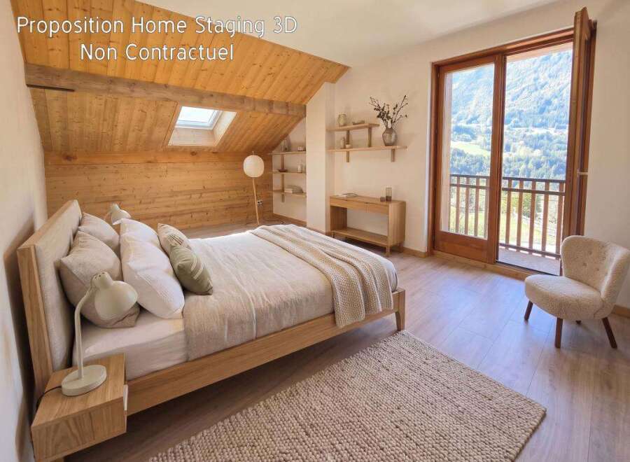Experience the charm of this mountain retreat, featuring a cozy bedroom with a wooden sloped ceiling and a skylight for natural light.