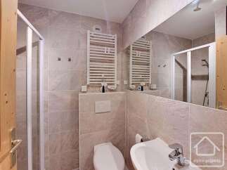 This modern bathroom features a sleek shower enclosure and a stylish heated towel rack, perfect for a comfortable and convenient experience.