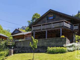 Nestled amidst lush greenery and mountain views, this charming wooden chalet offers a serene retreat.