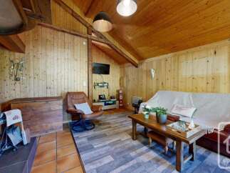 Experience rustic charm in this cozy living room, featuring warm wood paneling and a vaulted ceiling.