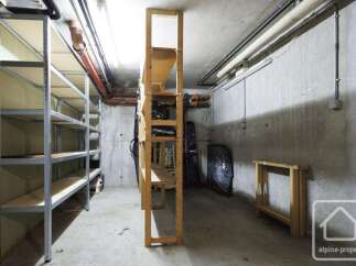 Discover ample storage solutions in this property's basement, featuring robust metal shelving and a versatile wooden unit perfect for organizing ski equipment and other essentials.