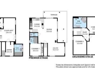 Discover this multi-level property featuring a ground floor with a garage and studio apartment, a first floor with a spacious living area, kitchen, and bedroom, and a second floor with three additional bedrooms and a balcony.