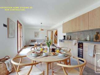 Experience modern living in this beautifully staged 3D home, featuring a spacious open-plan dining and kitchen area perfect for entertaining.
