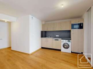 Discover modern living in this studio apartment featuring a sleek, integrated kitchen with ample cabinet space and a built-in microwave.