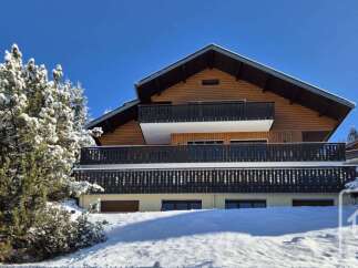 Experience the charm of this stunning wooden chalet nestled in a snowy landscape.