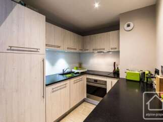 Discover this modern kitchen featuring light wood cabinetry and sleek black countertops.
