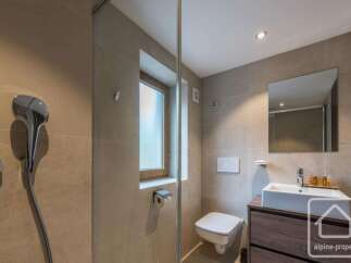 Experience modern comfort in this beautifully appointed bathroom, featuring a sleek shower with a chrome handheld showerhead and a stylish vanity with a vessel sink.