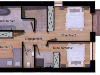 Discover this charming floor plan featuring three bedrooms, including a luxurious master suite.