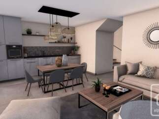 Discover modern living in this open-concept space, featuring a sleek grey kitchen with integrated appliances and a stylish dining area perfect for entertaining.