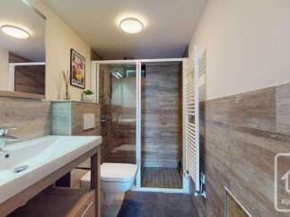 Experience modern comfort in this beautifully appointed bathroom, featuring a sleek vanity with a vessel sink and a spacious walk-in shower with wood-effect tiles.