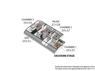 Discover this charming second-floor apartment featuring three spacious bedrooms, including a master suite (Chambre 1) measuring 4.