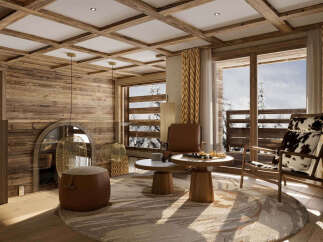 Experience luxurious mountain living in this stunning chalet-style living room, featuring rustic wood paneling and a coffered ceiling.