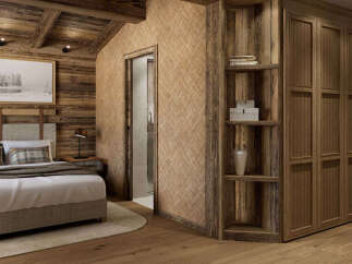 Experience rustic charm in this beautifully appointed bedroom, featuring a cozy bed, natural wood accents, and a unique woven wallpaper.