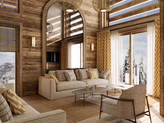 Experience ultimate luxury in this stunning mountain lodge living room, featuring a cozy fireplace, plush seating, and breathtaking panoramic views of snow-covered peaks.