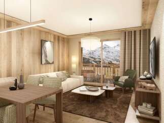 Experience luxurious mountain living in this stunning living room, featuring a cozy seating area with plush sofas and armchairs, perfect for relaxing after a day on the slopes.