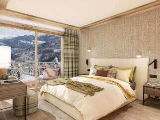 Experience luxury mountain living in this stunning bedroom featuring a spacious king-sized bed and breathtaking panoramic views of snow-capped mountains through a large glass door.