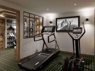 Experience ultimate wellness in this modern home gym, featuring a state-of-the-art treadmill and elliptical trainer.