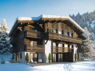 Experience the ultimate alpine retreat in this stunning wooden chalet, nestled amidst snow-covered pine trees.