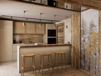 Experience modern alpine living in this stunning kitchen featuring a sleek breakfast bar with comfortable wooden stools.