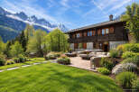 Experience luxury mountain living in this stunning chalet, featuring a spacious wooden deck with a hot tub and comfortable outdoor seating, perfect for enjoying the breathtaking alpine views.