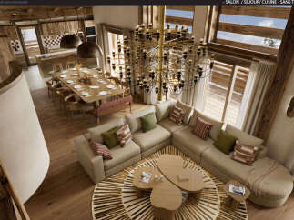 Experience luxurious mountain living in this stunning open-plan living, dining, and kitchen area.