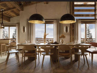 Experience luxurious mountain living in this stunning dining room, featuring a large wooden table set for a feast and surrounded by elegant wooden chairs.