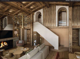 Experience luxurious alpine living in this stunning chalet-style living room, featuring a grand fireplace, exposed wooden beams, and a dramatic multi-tiered chandelier.