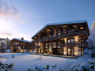 Experience luxurious alpine living in these stunning wooden chalets, nestled in a serene snowy landscape.