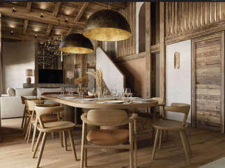 Experience rustic elegance in this stunning dining room, featuring a large wooden table set for a feast.