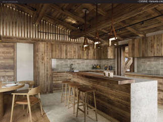 Experience rustic luxury in this stunning mountain kitchen, featuring warm wooden cabinetry and a spacious island perfect for entertaining.