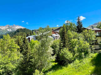 Nestled amidst lush greenery and towering trees, this property offers a serene mountain retreat.