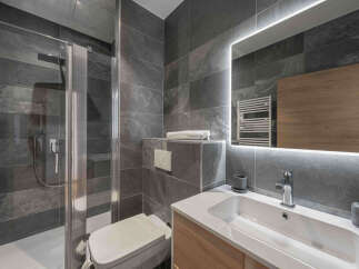 Experience modern luxury in this sleek bathroom, featuring a spacious walk-in shower with elegant grey stone tiles.