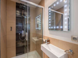 Experience modern luxury in this bathroom featuring a spacious walk-in shower with a rainfall showerhead and a sleek handheld wand.