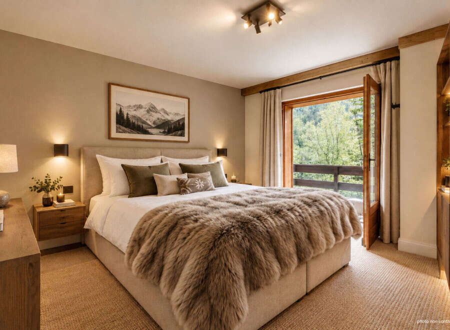 Experience ultimate comfort in this luxurious bedroom, featuring a plush fur throw and a cozy ambiance.