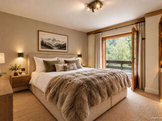 Experience ultimate comfort in this luxurious bedroom, featuring a plush fur throw and a cozy ambiance.