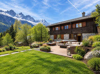 Experience luxury mountain living in this stunning chalet, featuring a spacious wooden deck with a hot tub and comfortable lounge seating, perfect for enjoying the breathtaking alpine views.