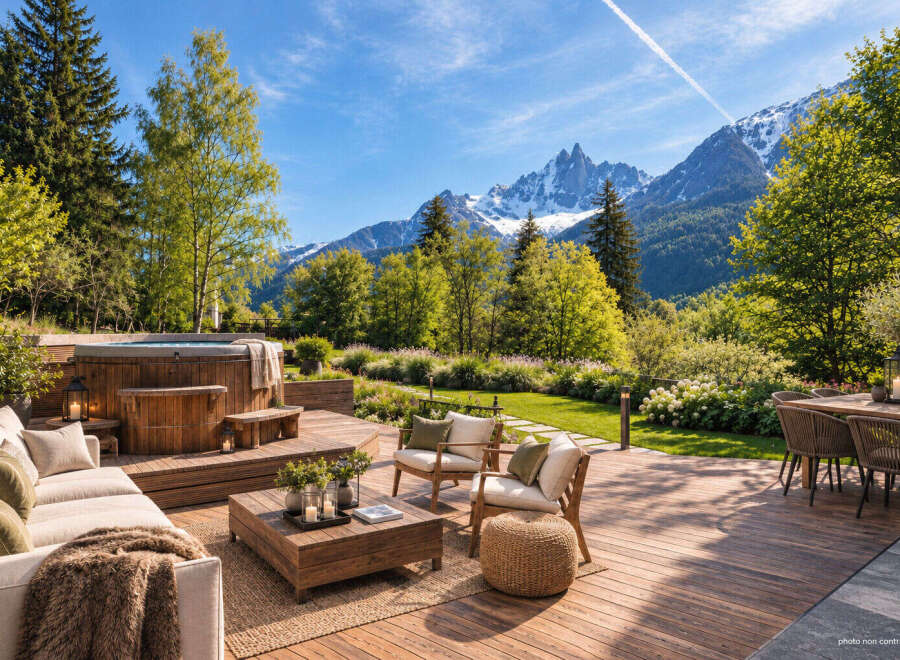 Experience luxury outdoor living with this stunning deck featuring a wooden hot tub and comfortable seating areas, perfect for relaxation and entertaining.