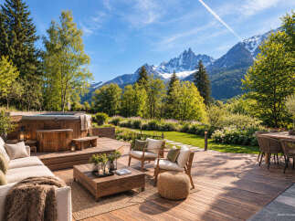 Experience luxury outdoor living with this stunning deck featuring a wooden hot tub and comfortable seating areas, perfect for relaxation and entertaining.