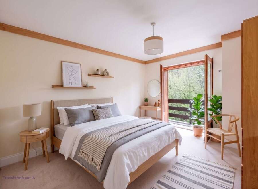 Experience serene living in this beautifully appointed bedroom, featuring a comfortable queen-size bed with plush grey linens and a cozy throw.