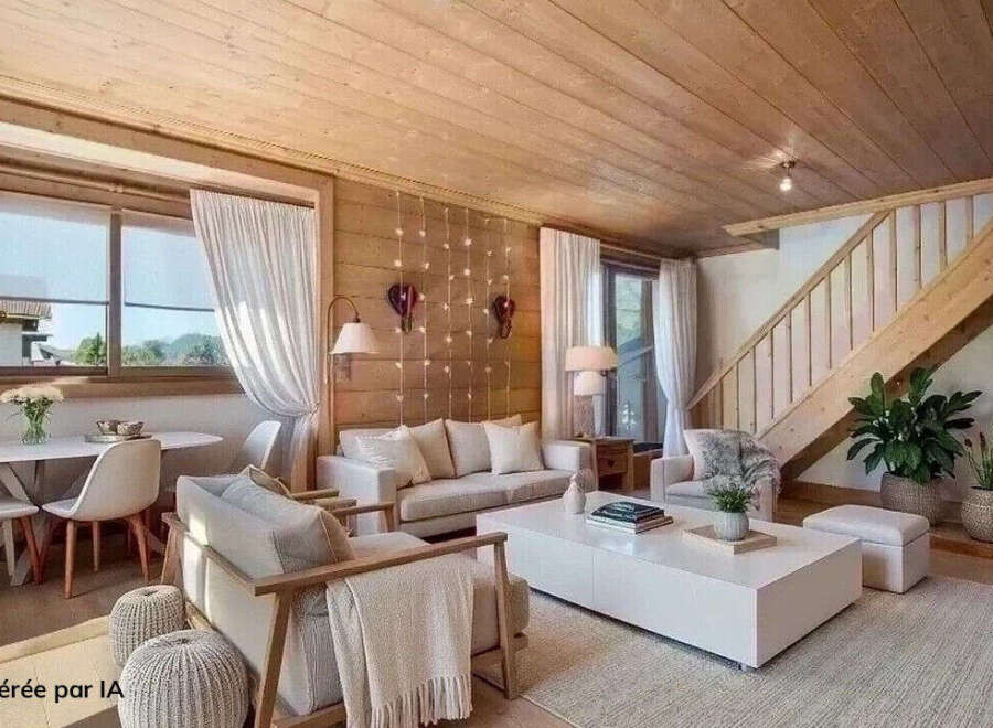 Experience cozy living in this charming wooden-paneled living room, featuring a comfortable sofa, a modern white coffee table, and elegant white curtains.