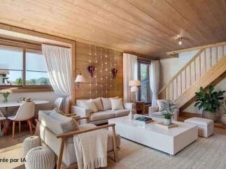 Experience cozy living in this charming wooden-paneled living room, featuring a comfortable sofa, a modern white coffee table, and elegant white curtains.