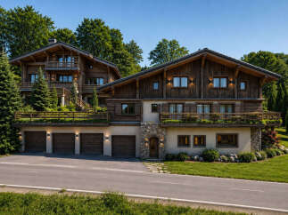 Experience luxury mountain living in this stunning chalet, featuring a rustic yet elegant wooden exterior and multiple levels of living space.