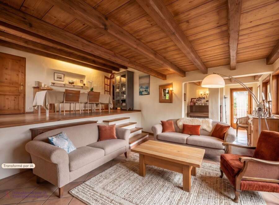 Step into a charming living space featuring a raised dining area with a table and chairs, perfect for intimate meals.
