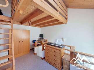 Discover this charming room featuring a wooden loft accessible by a ladder, perfect for maximizing space.